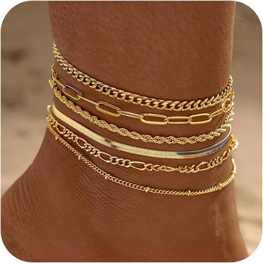 6 Pcs Gold Ankle Bracelets Set Layered Waterproof 14k Plated Jewelry Gift